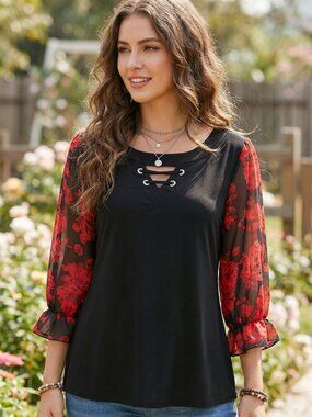 Adele May L Black Red Top Floral Lace Up Whimsigoth Romantic Vampy Office Chic